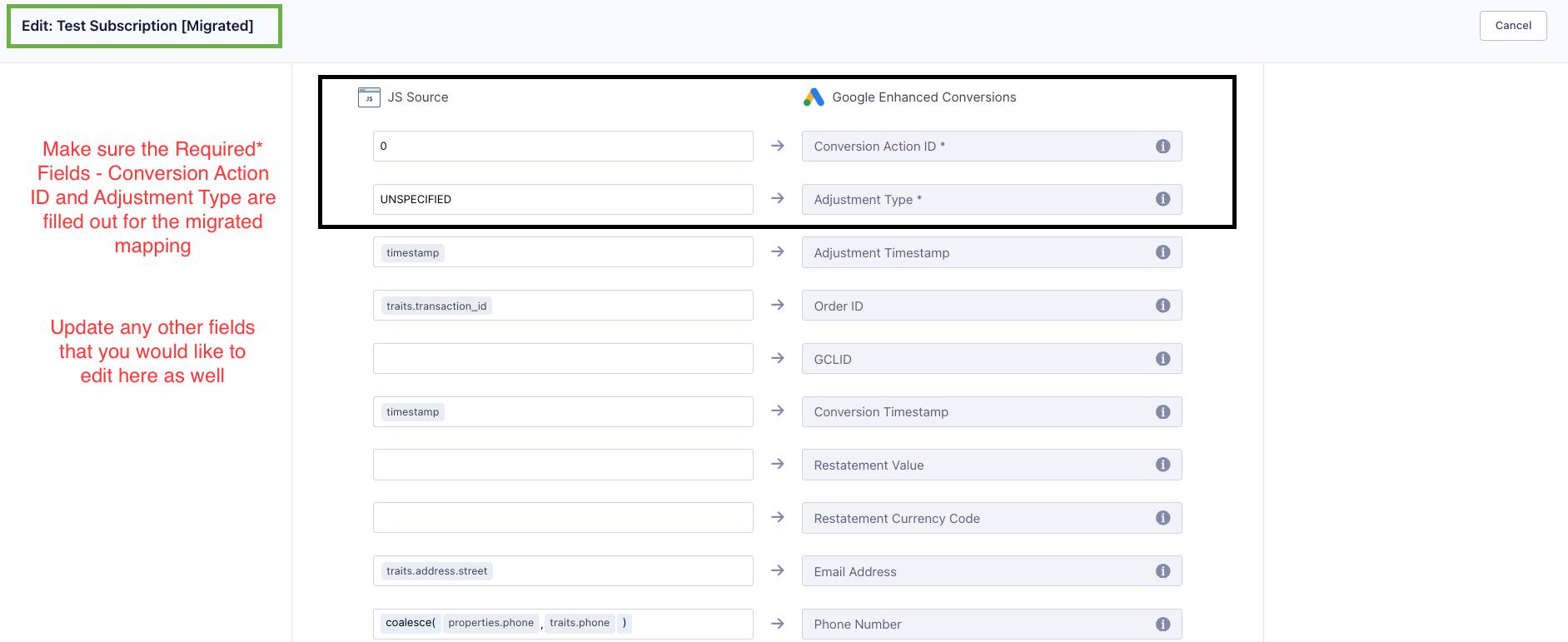 A screenshot of a migrated mapping, with the required fields outlined in black.