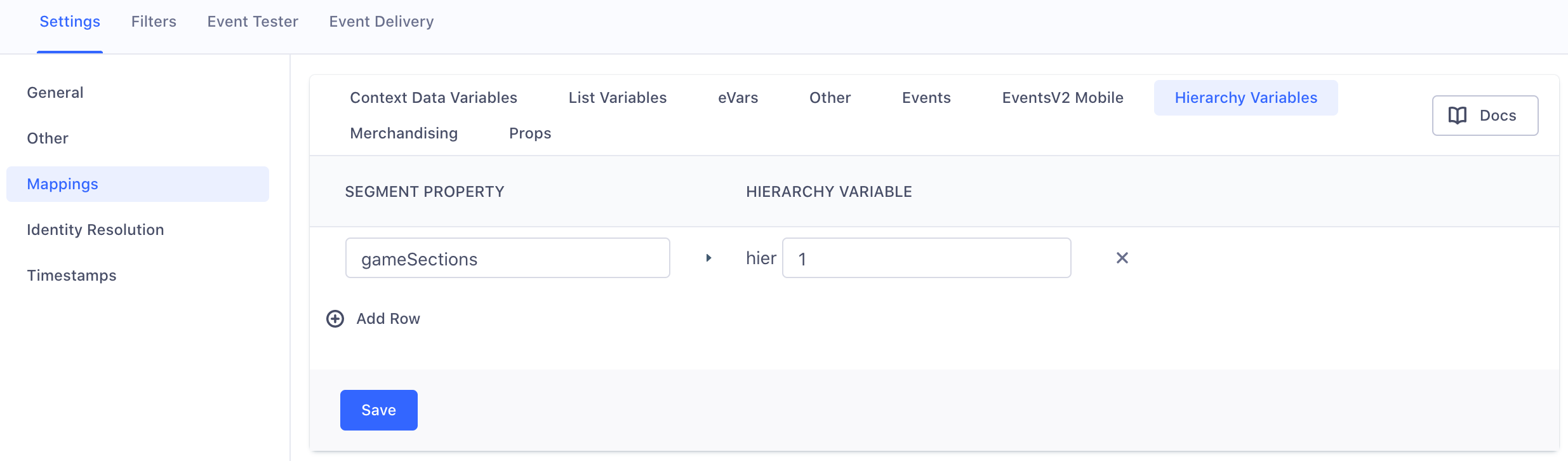 A screenshot of the Adobe Analytics settings page in Segment, with the Mappings section selected and a sample hierarchy variable mapping under the Hierarchy Variables tab.