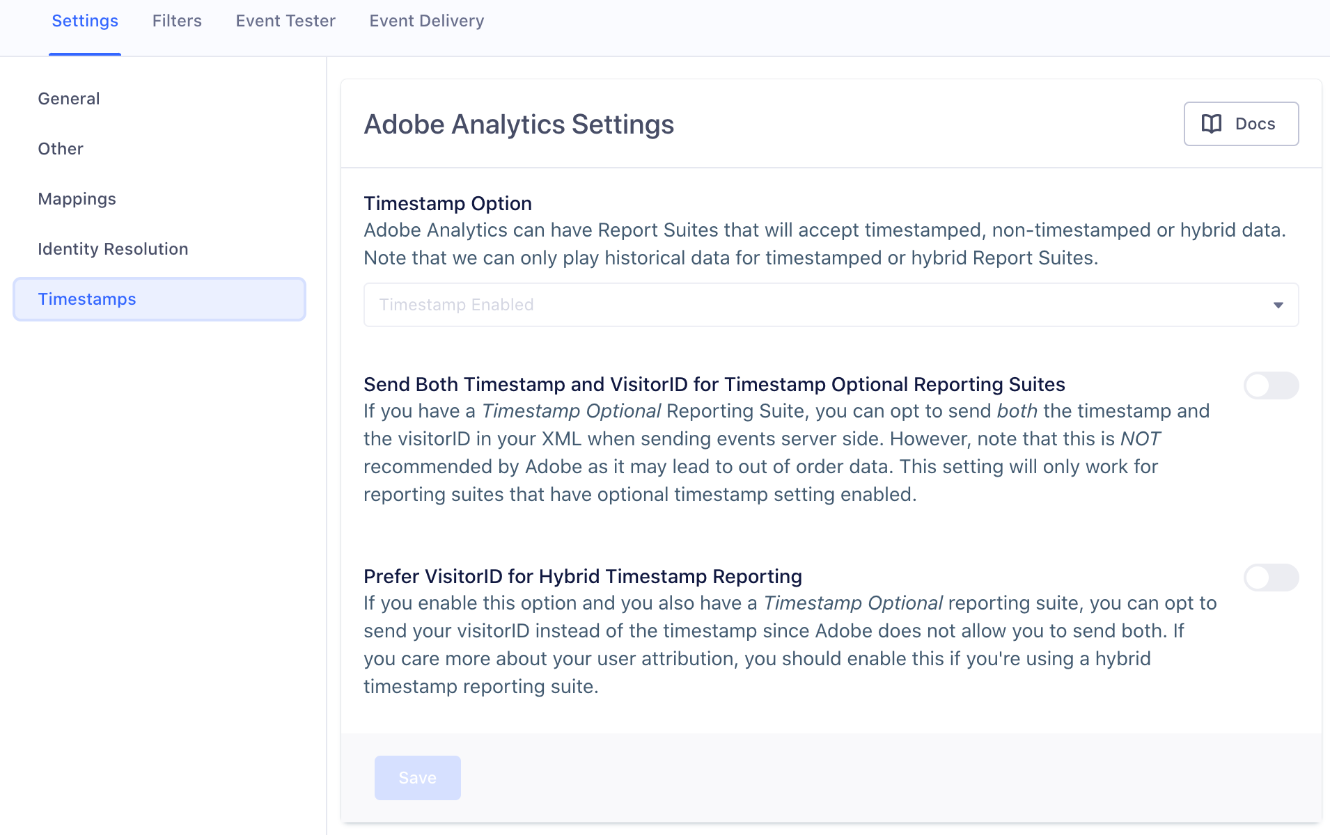 A screenshot of the Adobe Analytics settings page in Segment, with the Timestamps section selected.