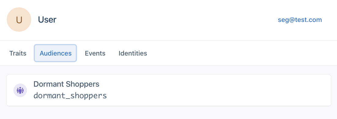 A screenshot of a user's profile in Engage, with the Audiences tab selected and the Dormant Shoppers trait present.