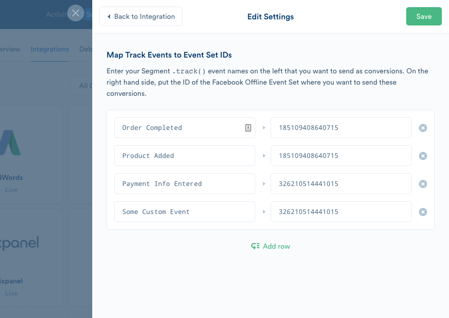 A screenshot of the settings tab for the Facebook Offline Conversions destination, with a Lead Generated event mapped to a Facebook Offline Event Set.